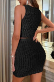 Pink Sexy Solid Patchwork Fold O Neck Sleeveless Two Pieces