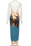 Blue Fashion Sexy Print Backless Spaghetti Strap Long Dress