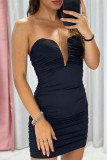 Black Fashion Sexy Solid Fold V Neck Wrapped Skirt Dresses