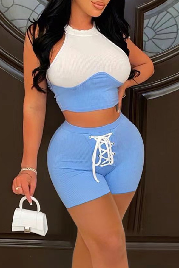 White Sexy Solid Patchwork O Neck Sleeveless Two Pieces