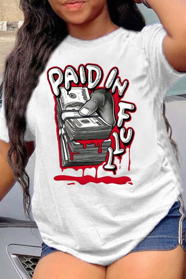White Grey Fashion Casual Print Basic O Neck T-Shirts