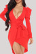 Red Fashion Casual Solid Bandage V Neck Long Sleeve Dresses