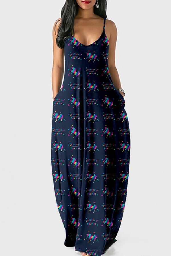 Tibetan Blue Fashion Casual Print Backless Spaghetti Strap Long Dress