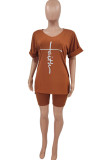 Rose Red Fashion Casual Print Slit V Neck Short Sleeve Two Pieces