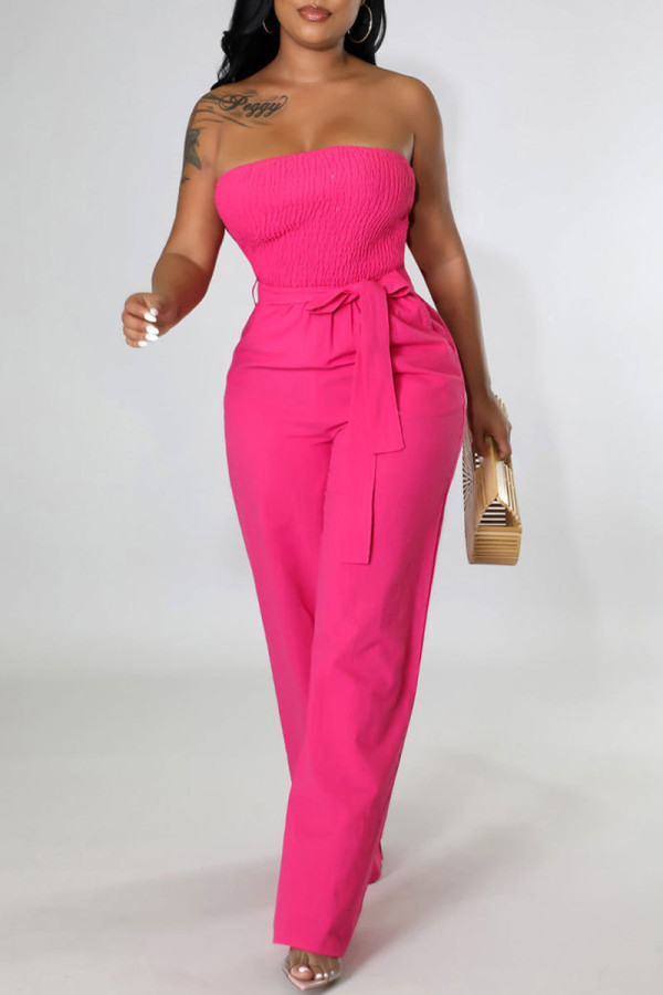 Red Sexy Solid Patchwork With Belt Strapless Straight Jumpsuits