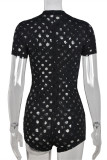 Black Fashion Sexy Solid Hollowed Out See-through O Neck Skinny Romper (Without Belt)