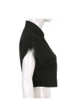 White Casual Street Solid Patchwork Buckle Turndown Collar Tops