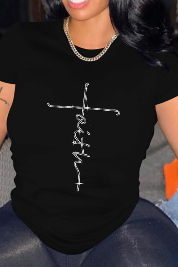 Black Fashion Casual Letter Hot Drill O Neck T-Shirts