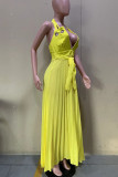 Yellow Sexy Solid Patchwork Fold Halter A Line Dresses