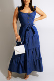 Blue Fashion Casual Solid With Belt Spaghetti Strap Vest Dress