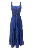 Blue Fashion Casual Solid With Belt Spaghetti Strap Vest Dress