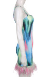 Multicolor Sexy Print Patchwork Feathers Spaghetti Strap Pencil Skirt Dresses