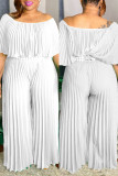 White Fashion Casual Solid Patchwork Fold O Neck Plus Size Jumpsuits