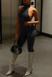 Black Sexy Casual Sportswear Solid Backless Turtleneck Skinny Jumpsuits