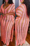 Pink Fashion Casual Patchwork Hollowed Out See-through Backless Slit V Neck Dresses