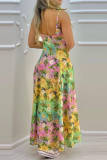 Colour Fashion Sexy Print Backless V Neck Long Dress