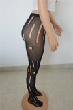 Black Fashion Sexy Solid Ripped Hollowed Out See-through Skinny High Waist Pencil Trousers