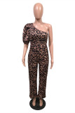 Brown Fashion Casual Print Leopard Backless Oblique Collar Regular Jumpsuits