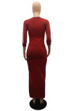Dark Red Fashion Casual Striped Patchwork Basic V Neck Long Dress