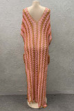 Pink Fashion Casual Patchwork Hollowed Out See-through Backless Slit V Neck Dresses