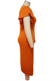 Orange Fashion Casual Plus Size Solid Split Joint O Neck Irregular Dress (Without Belt)