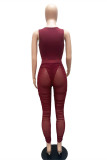 Burgundy Fashion Sexy Solid See-through O Neck Sleeveless Two Pieces