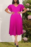 Purple Fashion Casual Solid Patchwork V Neck Pleated Dresses