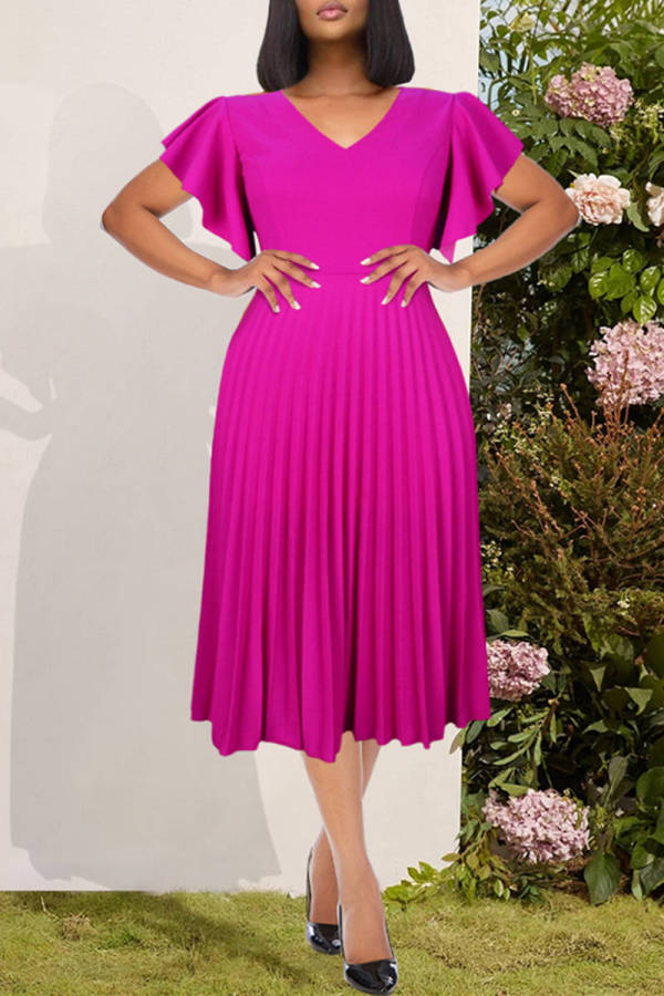 Purple Fashion Casual Solid Patchwork V Neck Pleated Dresses