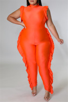 Orange Fashion Casual Solid Split Joint Turtleneck Plus Size Jumpsuits