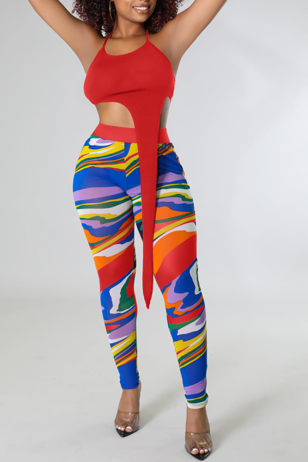 Red Sexy Print Patchwork Halter Sleeveless Two Pieces