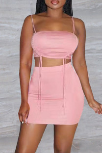 Pink Sexy Solid Split Joint Draw String Fold Spaghetti Strap Two Pieces