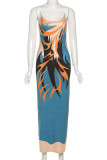 Blue Fashion Sexy Print Backless Spaghetti Strap Long Dress