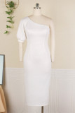 White Fashion Casual Solid Backless Slit Oblique Collar Short Sleeve Dress