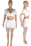 Pink Sexy Solid Draw String V Neck Short Sleeve Two Pieces