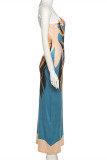 Blue Fashion Sexy Print Backless Spaghetti Strap Long Dress