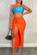 Blue Fashion Sexy Solid Backless Slit One Shoulder Sleeveless Two Pieces