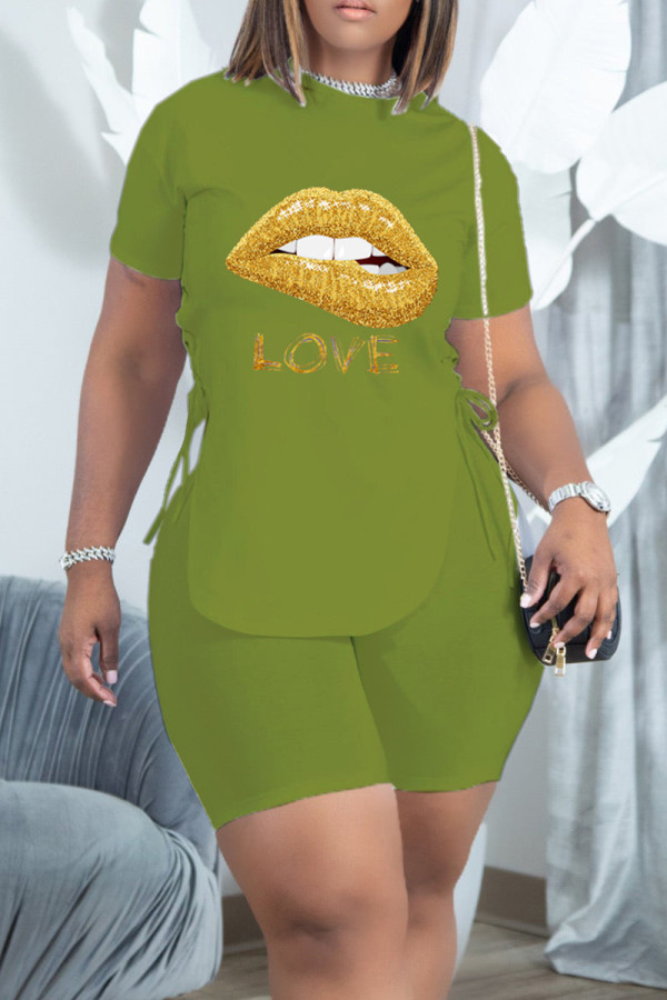Fluorescent Green Fashion Casual Letter Lips Printed Bandage Slit O Neck Short Sleeve Two Pieces