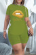 Fluorescent Green Fashion Casual Letter Lips Printed Bandage Slit O Neck Short Sleeve Two Pieces
