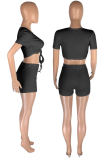 Pink Sexy Solid Draw String V Neck Short Sleeve Two Pieces