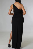 Cyan Sexy Solid Hollowed Out Patchwork Cross Straps Slit Oblique Collar Straight Dresses