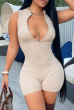 Pink Fashion Casual Solid Basic Zipper Collar Skinny Romper