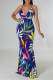 Blue Fashion Sexy Print Backless Cross Straps Spaghetti Strap Long Dress
