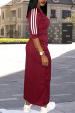 Dark Red Fashion Casual Striped Patchwork Basic V Neck Long Dress