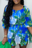 Blue Fashion Casual Print Patchwork Flounce O Neck Dresses