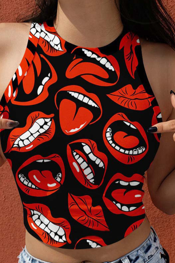 Black Red Fashion Casual Lips Printed Basic O Neck Tops