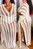 Pink Fashion Casual Patchwork Hollowed Out See-through Backless Slit V Neck Dresses