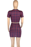 Navy Blue Fashion Plaid Patchwork O Neck Short Sleeve Two Pieces