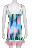 Multicolor Sexy Print Patchwork Feathers Spaghetti Strap Pencil Skirt Dresses