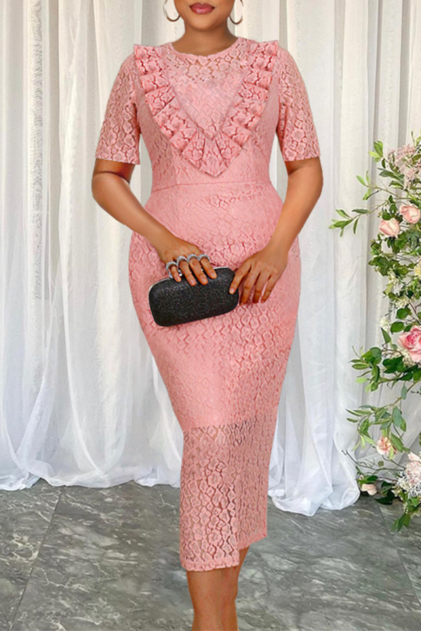 Pink Fashion Casual Solid Patchwork See-through O Neck Short Sleeve Dress