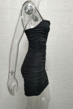 Black Fashion Sexy Solid Fold V Neck Wrapped Skirt Dresses